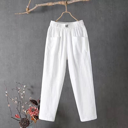 Damen nan lässige Leinenmix-Hose mit elastischem Bund, geradem Bein und großen aufgesetzten Taschen R&B