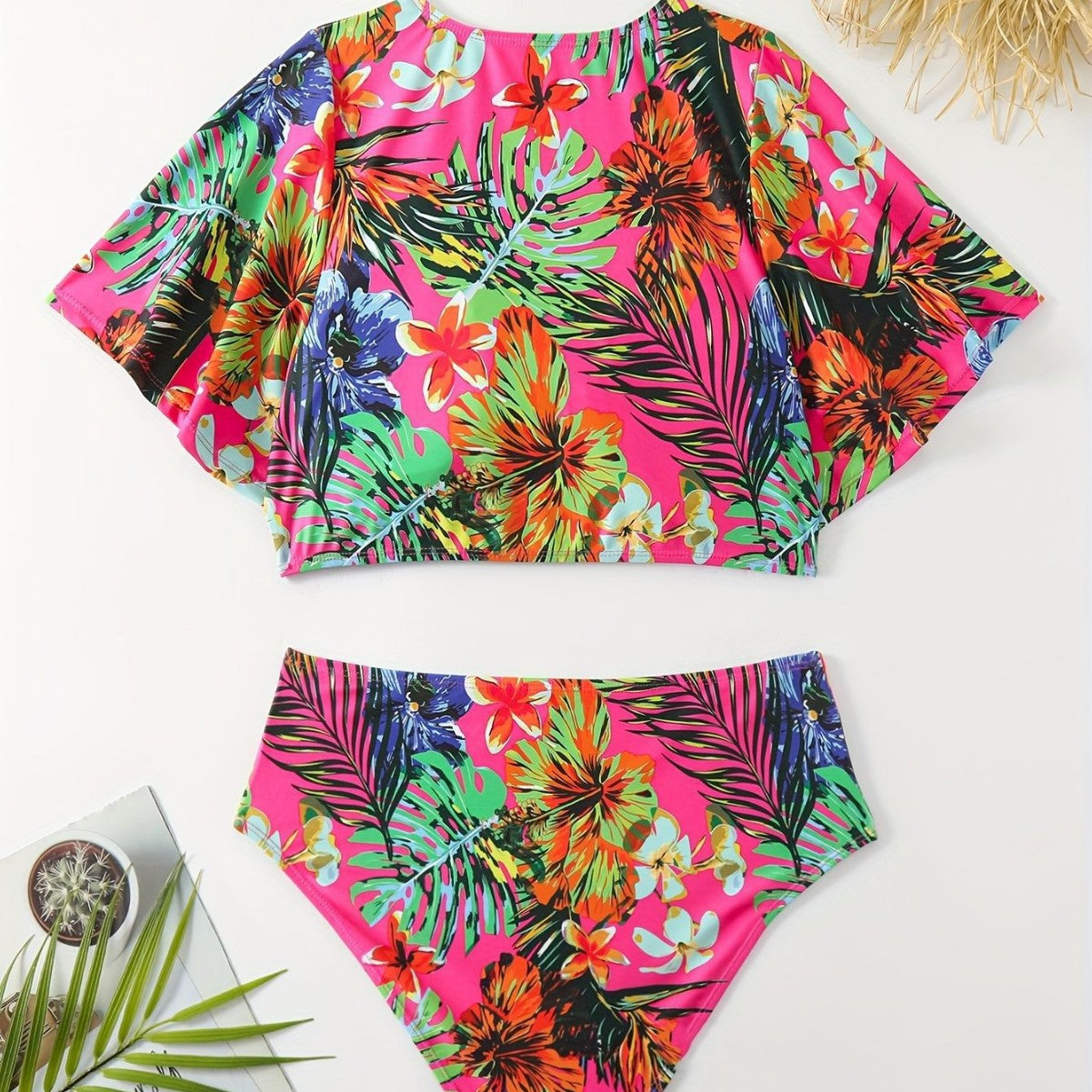Damen Bikini-Set mit floralen Mustern und leichtem Überwurf R&B