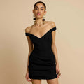 Damen elegante Off-Shoulder Minikleid mit tiefem V-Ausschnitt und gerafftem Saum R&B