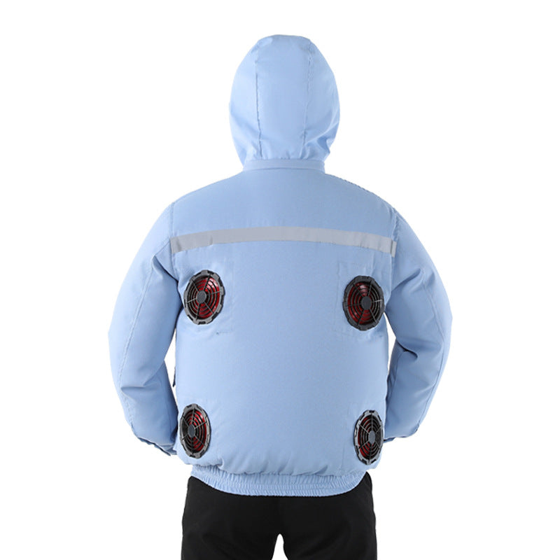 Unisex nan ventilated jacket for work and outdoor with integrated USB fans, battery compartment and hood R&B