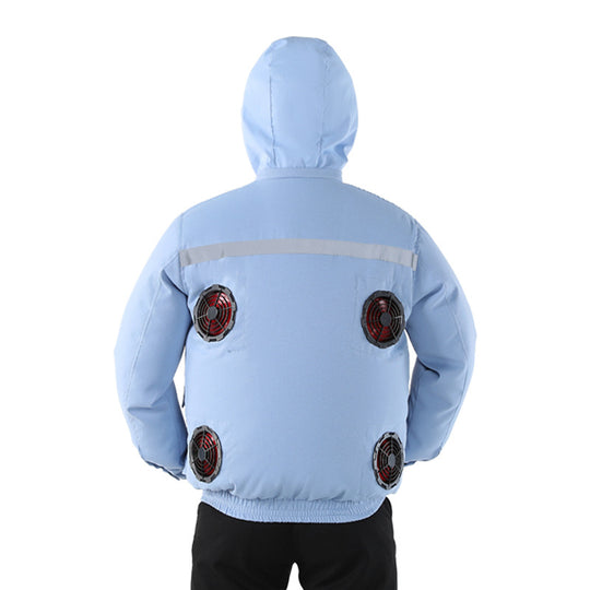 Unisex nan ventilated jacket for work and outdoor with integrated USB fans, battery compartment and hood R&B