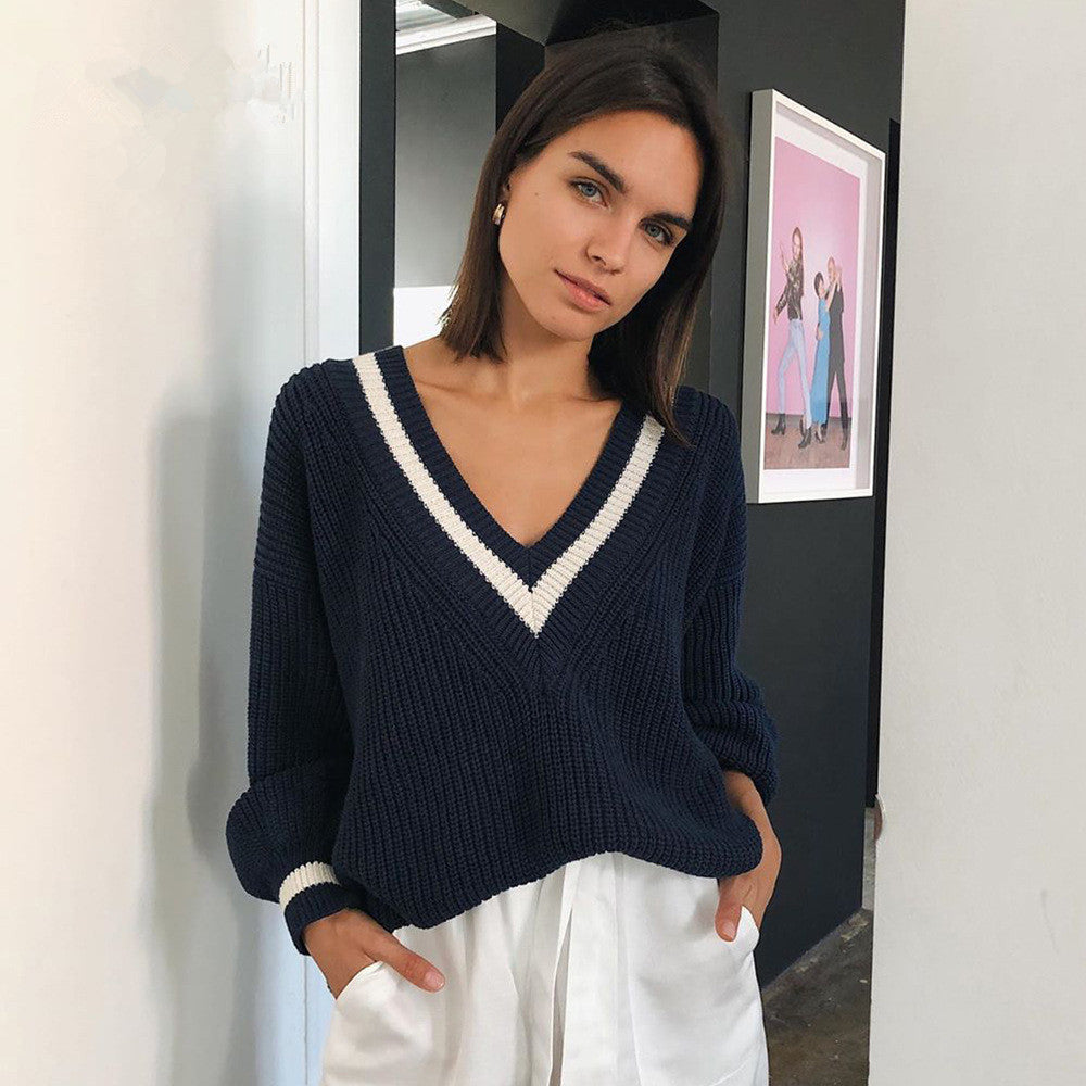 Damen Strickpullover mit V-Ausschnitt und Ballonärmel R&B