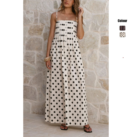 Damen Maxikleid mit verspieltem Punkte-Muster und schulterfreien Trägern R&B