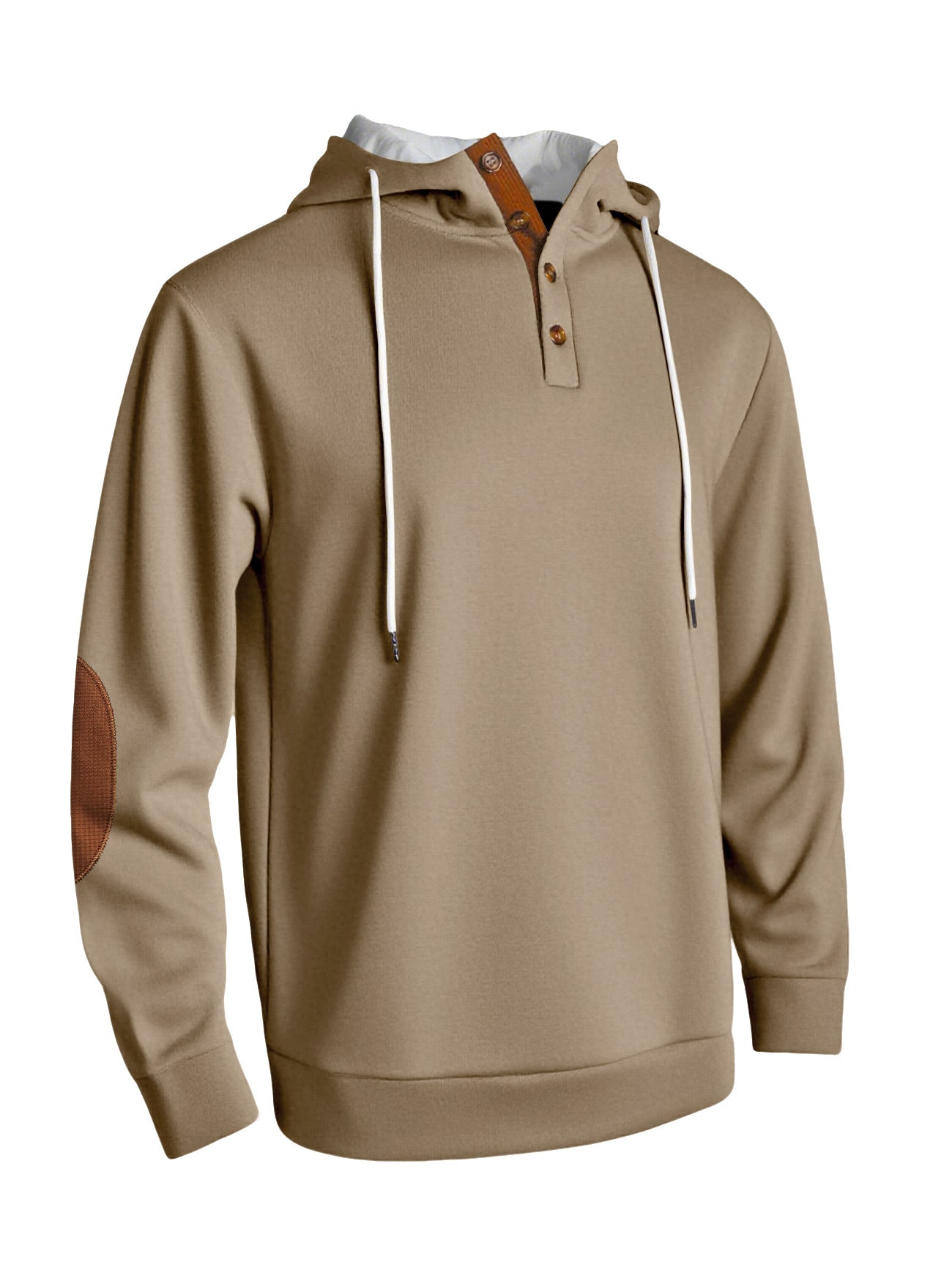Herren nan Kapuzenpullover im puristischen Freizeitstil mit Henley-Knopfleiste, kontrastierter Kapuzeninnenseite und Ellenbogenaufnähern R&B
