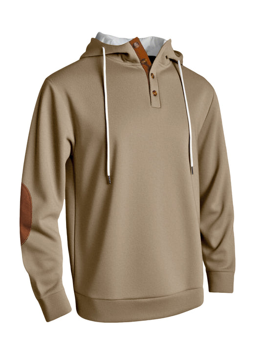 Herren nan Kapuzenpullover im puristischen Freizeitstil mit Henley-Knopfleiste, kontrastierter Kapuzeninnenseite und Ellenbogenaufnähern R&B