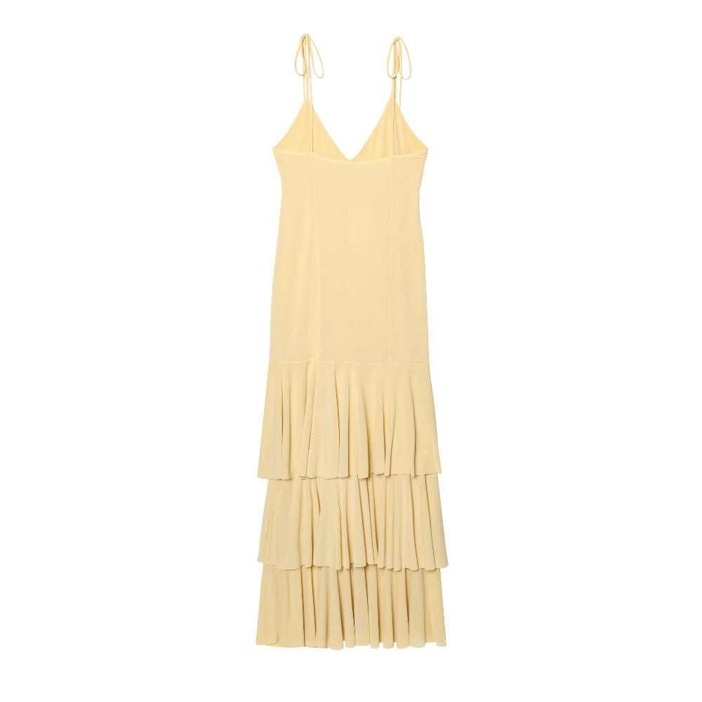 Damen Maxikleid mit voluminösen Rüschendetails und verstellbaren Spaghetti-Trägern R&B