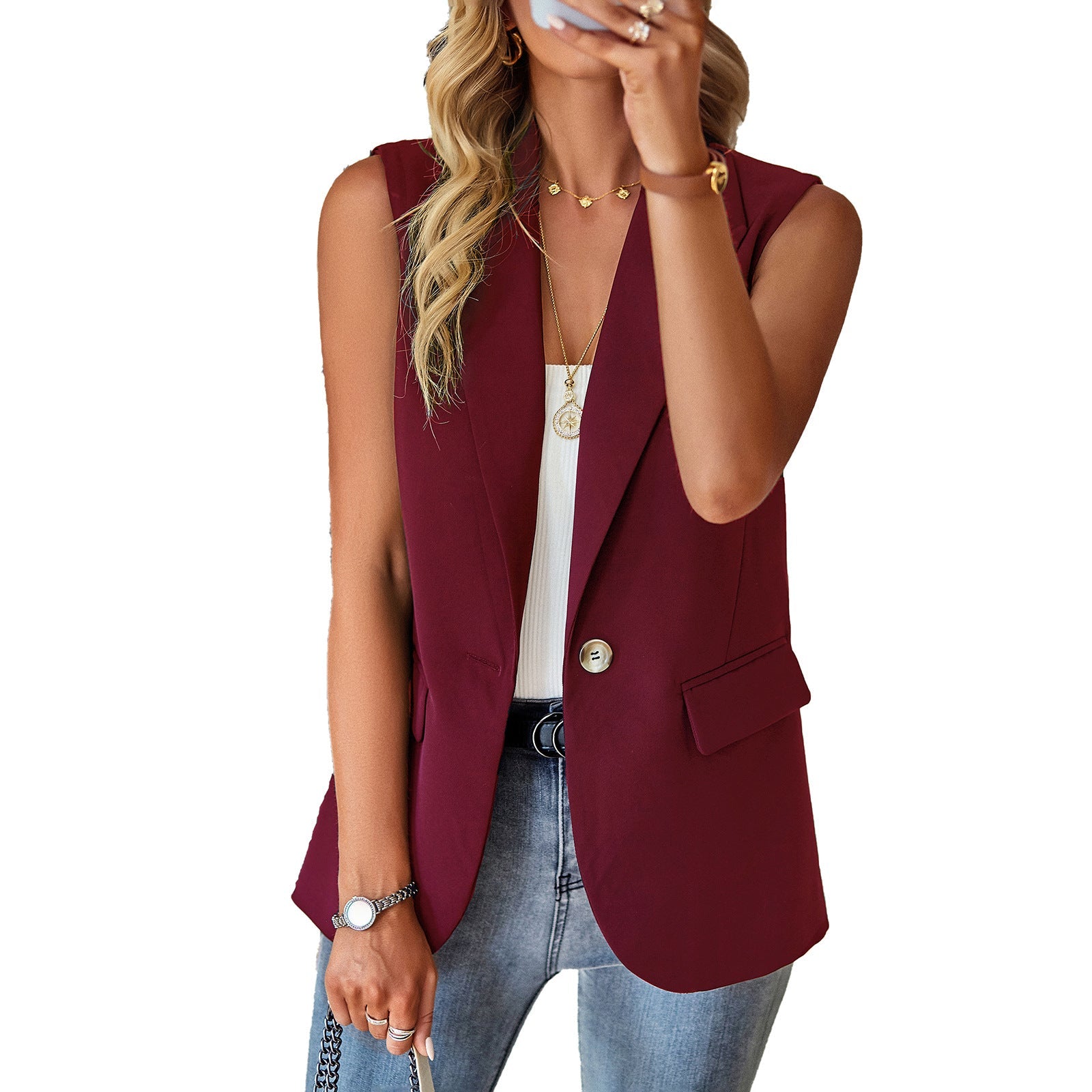 Damen ärmelloses Blazer-Oberteil mit taillierter Silhouette R&B
