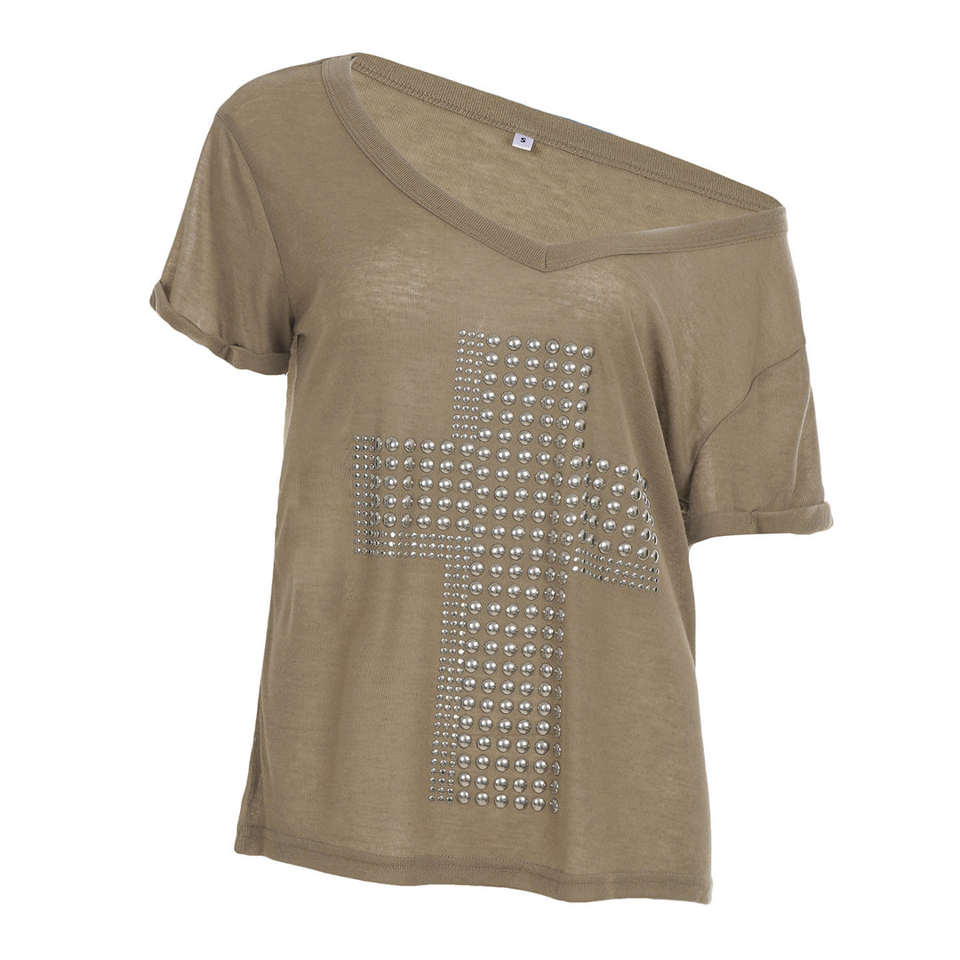 Damen V-Ausschnitt T-Shirt mit stilvollem Nieten-Dekor R&B
