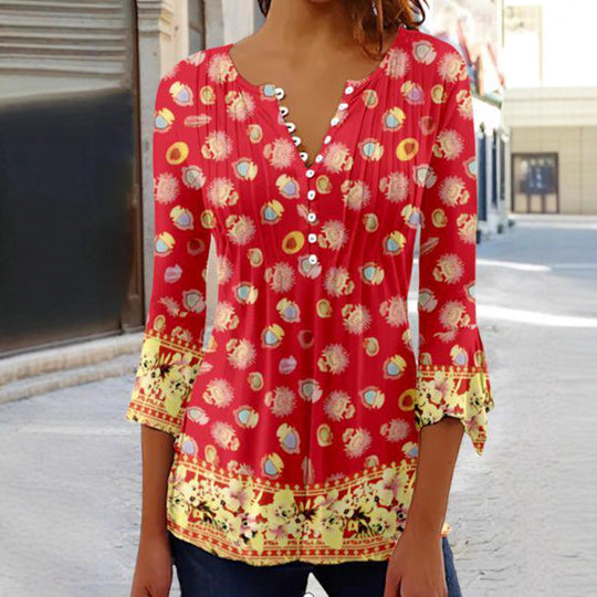 Damen nan leichte Boho-Bluse mit V-Ausschnitt, Zierfalten, Knopfleiste und dreiviertelärmeln R&B