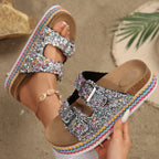 Damen Glitzernde Plateau-Sandalen mit Doppelschnalle und mehrfarbigem Boden R&B