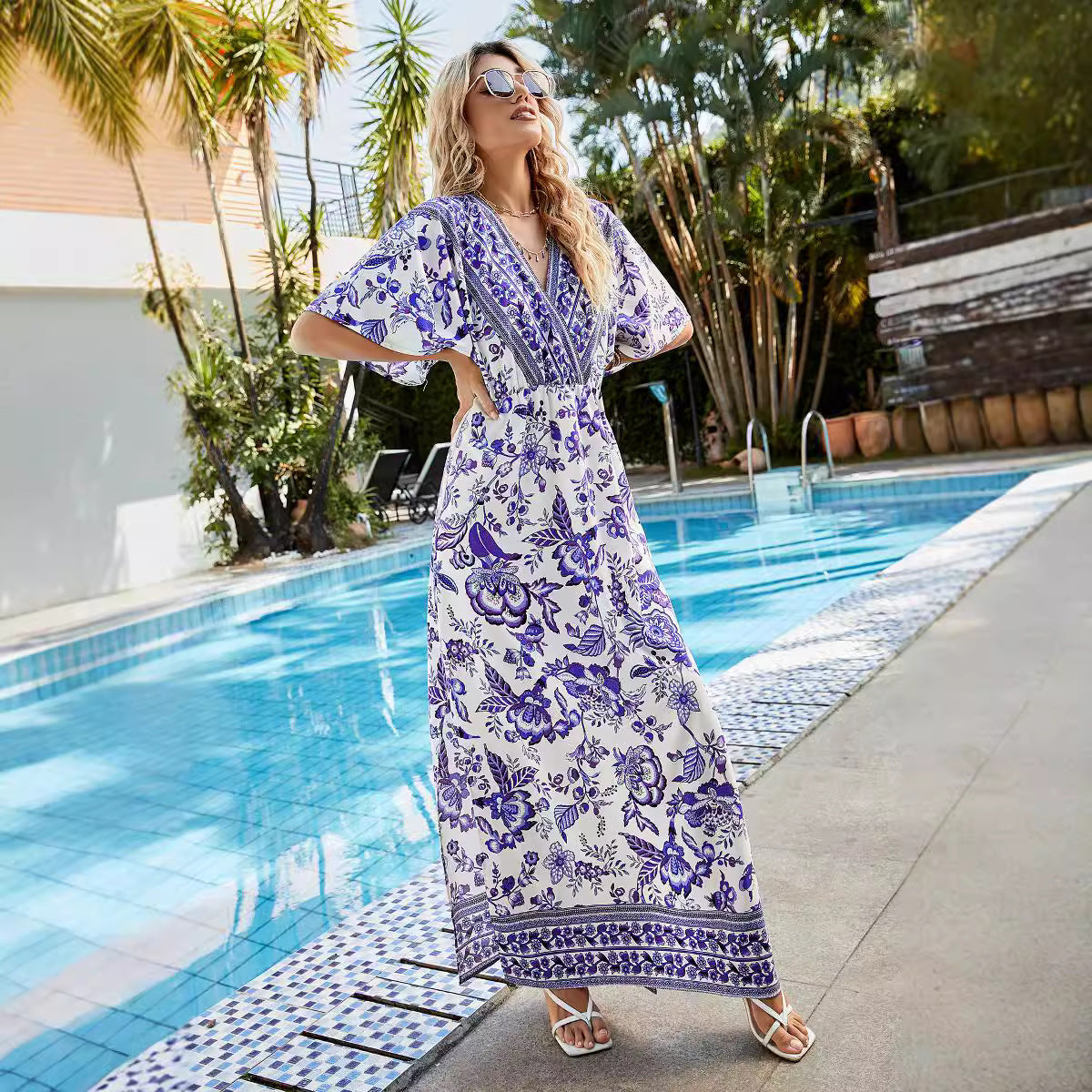 Damen Maxi-Kleid mit floralem Design und seitlichem Schlitz R&B