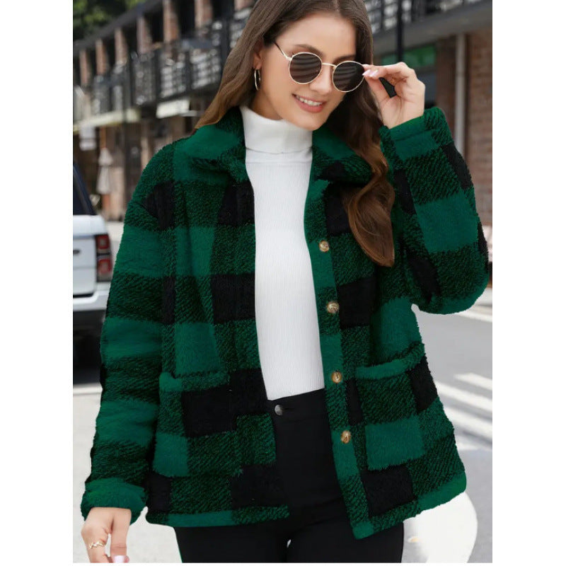 Damen kuschelige Plüschjacke mit Karomuster R&B
