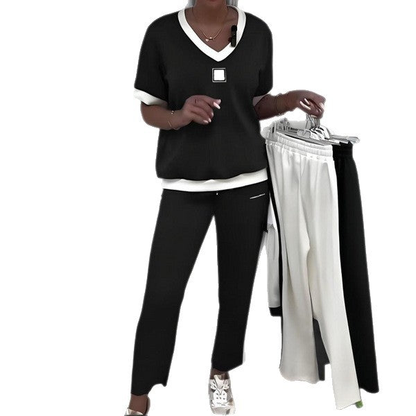 Damen nan zweiteiliges sportlich-elegantes Jersey-Set mit V-Ausschnitt, breiten Bündchen und seitlichem Streifen R&B