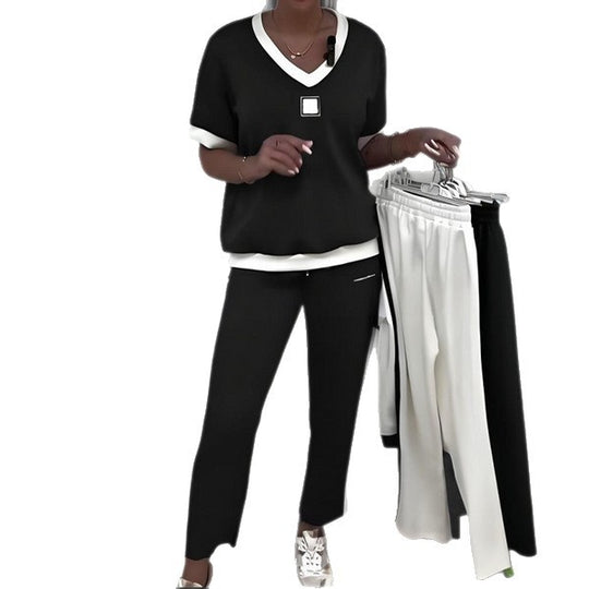Damen nan zweiteiliges sportlich-elegantes Jersey-Set mit V-Ausschnitt, breiten Bündchen und seitlichem Streifen R&B