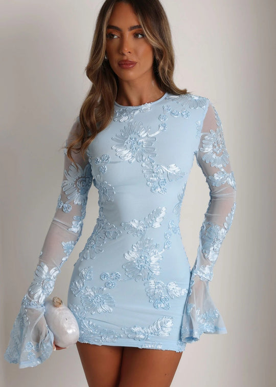 Damen Figurnahes Spitzenkleid mit floralen Applikationen und langen Ärmeln R&B