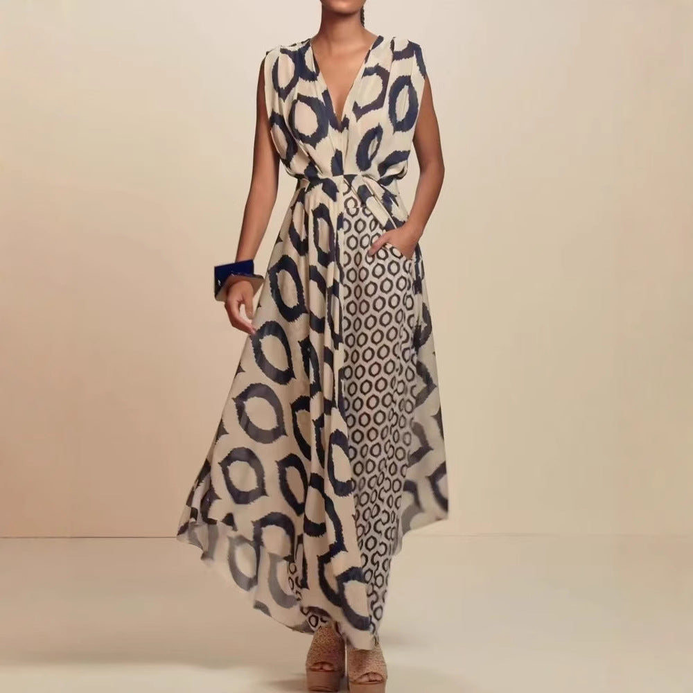 Damen Eleganter Jumpsuit mit Wickelgürtel und geometrischem Muster R&B