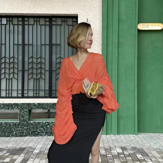 Damen Wickelbluse mit voluminösen Ärmeln und elegantem Design R&B