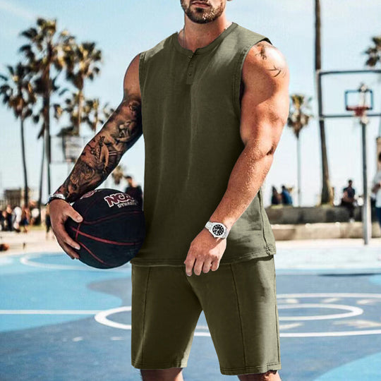 Herren sportliches Trainingsoutfit mit ärmellosem Oberteil und Shorts R&B