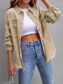 Damen Stylische Overshirt-Jacke mit fransigem Saum R&B