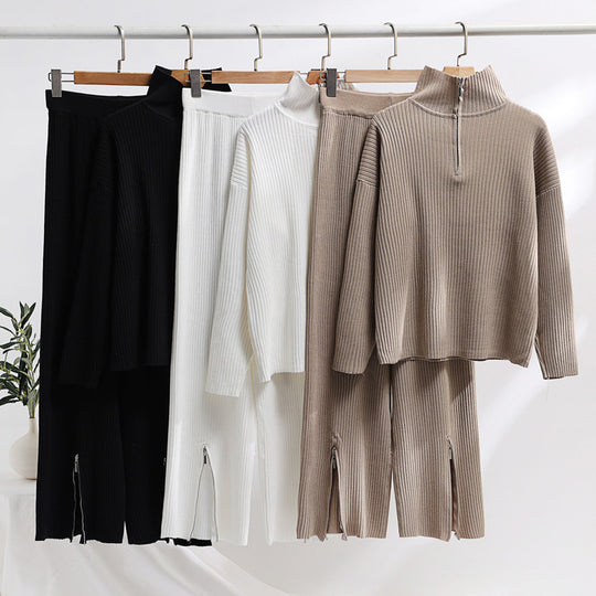 Damen lässiges Strickensemble mit hohem Kragen und seitlichen Schlitzen R&B
