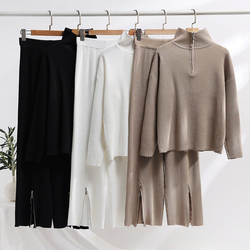 Damen lässiges Strickensemble mit hohem Kragen und seitlichen Schlitzen R&B