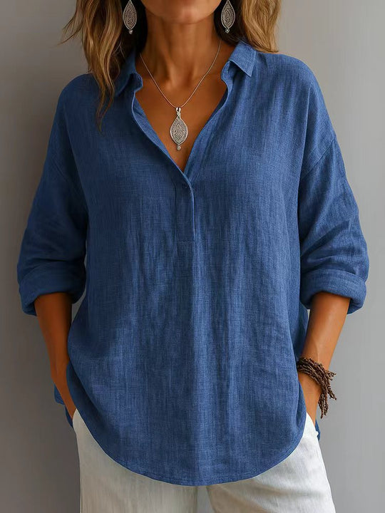 Damen lässige Bluse mit V-Ausschnitt und geknöpftem Kragen R&B