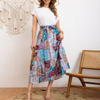 Damen Maxirock mit buntem Patchwork-Design und Taillengürtel R&B