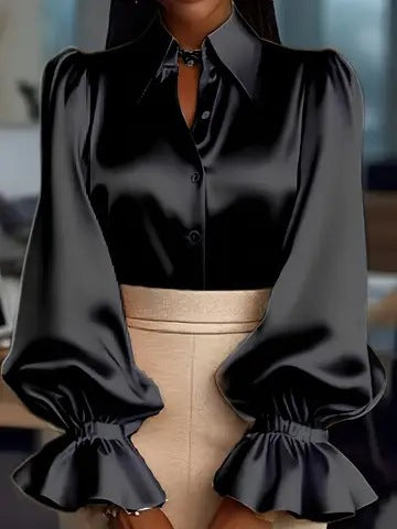 Damen elegante Seidenbluse mit Puffärmeln und schicker Knopfleiste R&B