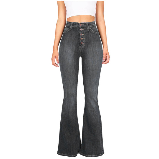 Damen Flared Jeans mit hohem Bund und dekorativer Knopfleiste R&B