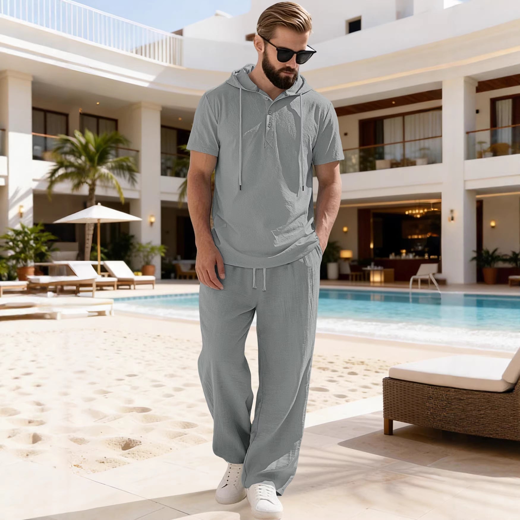Herren nan lässiges Kurzarm-Kapuzenshirt im gekreppten Baumwollmix mit Henley-Knopfleiste R&B