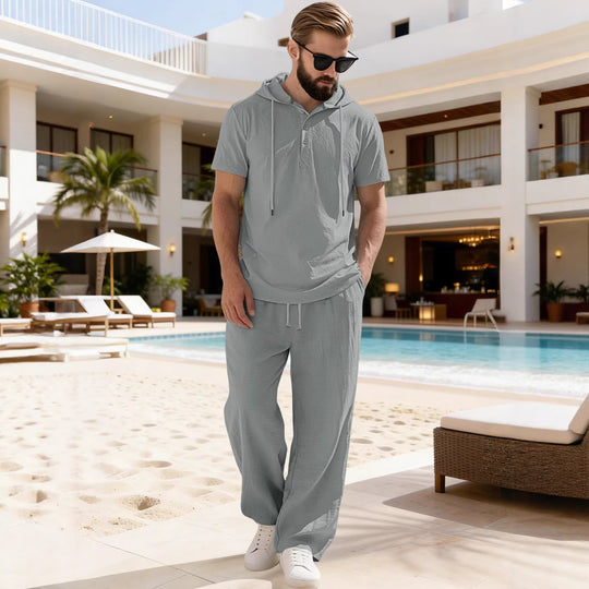Herren nan lässiges Kurzarm-Kapuzenshirt im gekreppten Baumwollmix mit Henley-Knopfleiste R&B