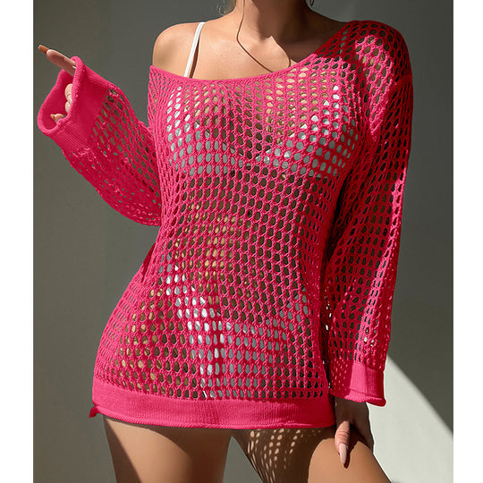 Damen luftiger Grobstrick Pullover mit weitem Schnitt und offenen Ärmeln R&B