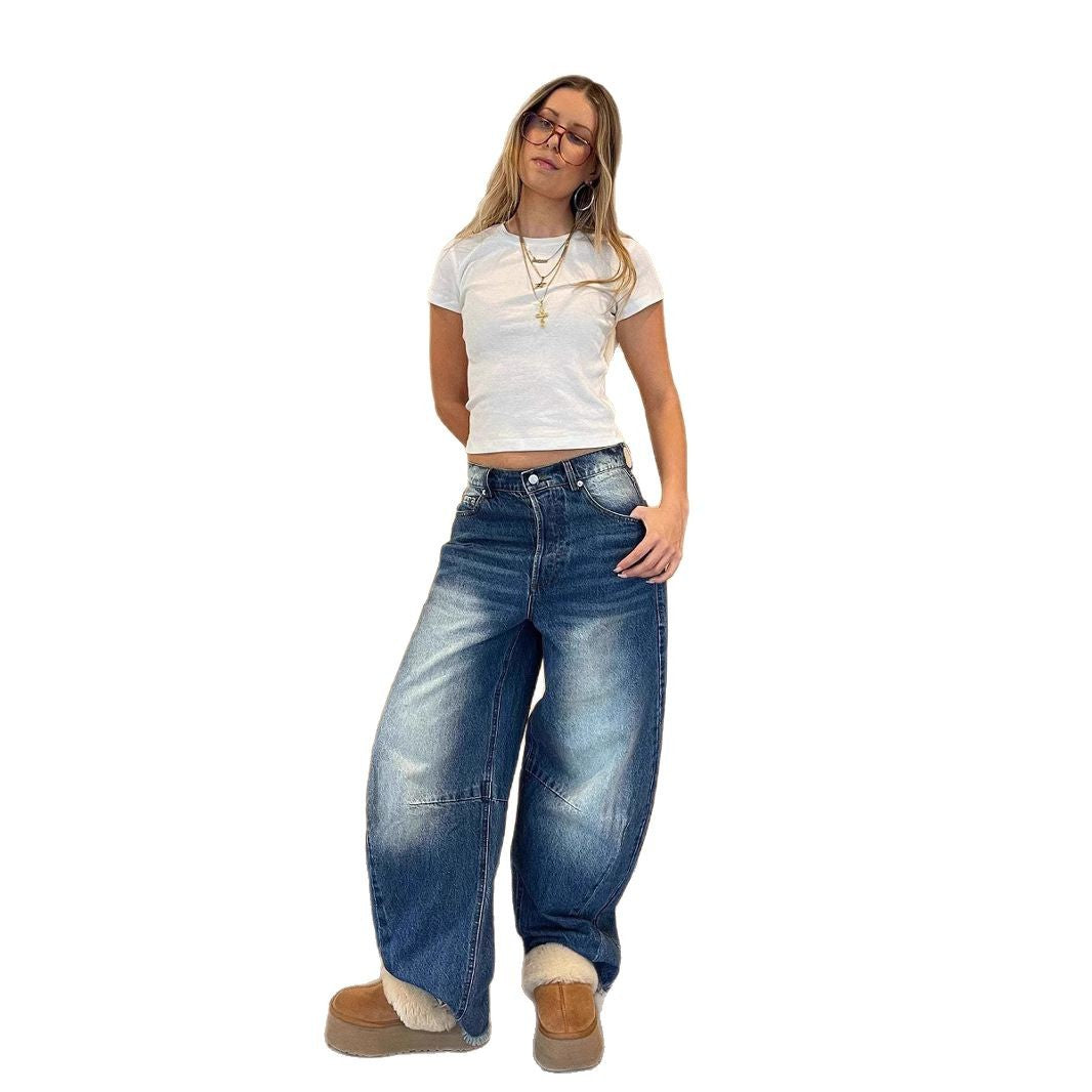 Damen modische weite Jeans mit einzigartigem Schnitt und hohem Bund R&B