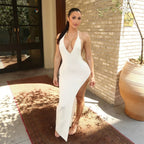Damen atemberaubendes Maxikleid mit raffiniertem V-Ausschnitt und hohem Schlitz R&B