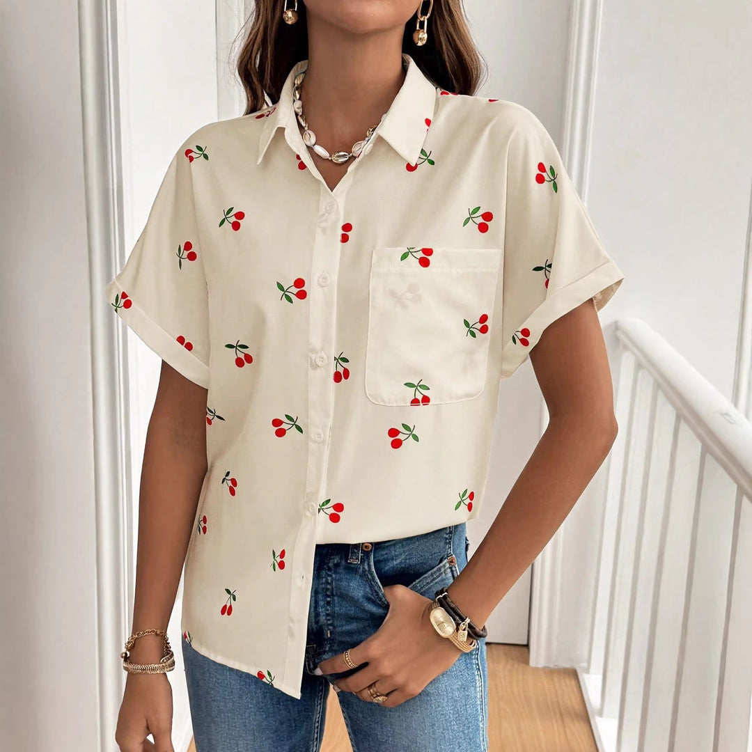 Damen Bluse mit frischem Kirschmuster und lässigem Schnitt R&B