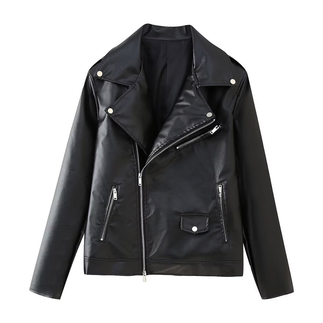 Damen Kunstleder Bikerjacke mit asymmetrischem Reißverschluss und dekorativen Zipperdetails R&B