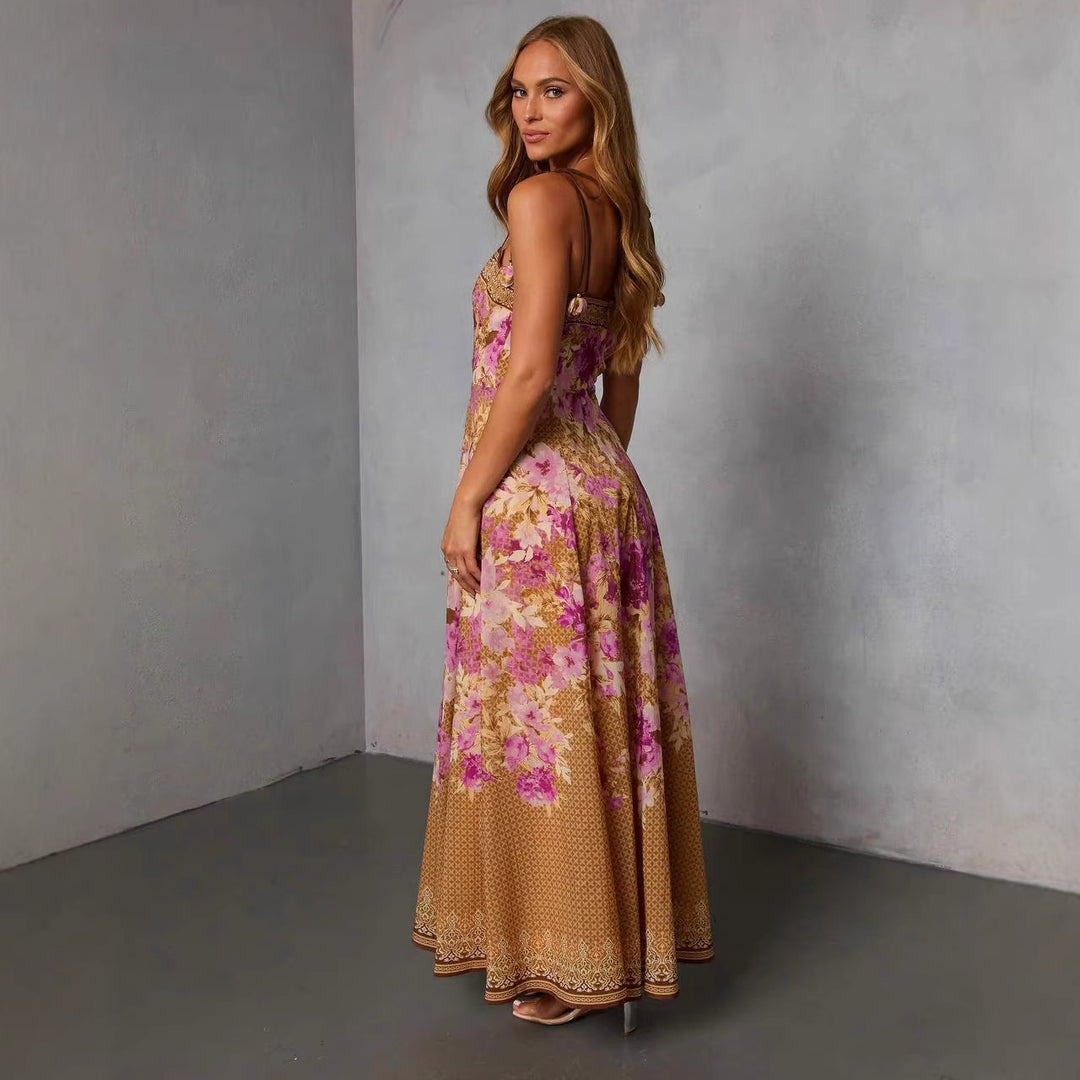 Damen Maxikleid im romantischen Bohemian-Stil mit floralen Akzenten und verstellbaren Trägern R&B