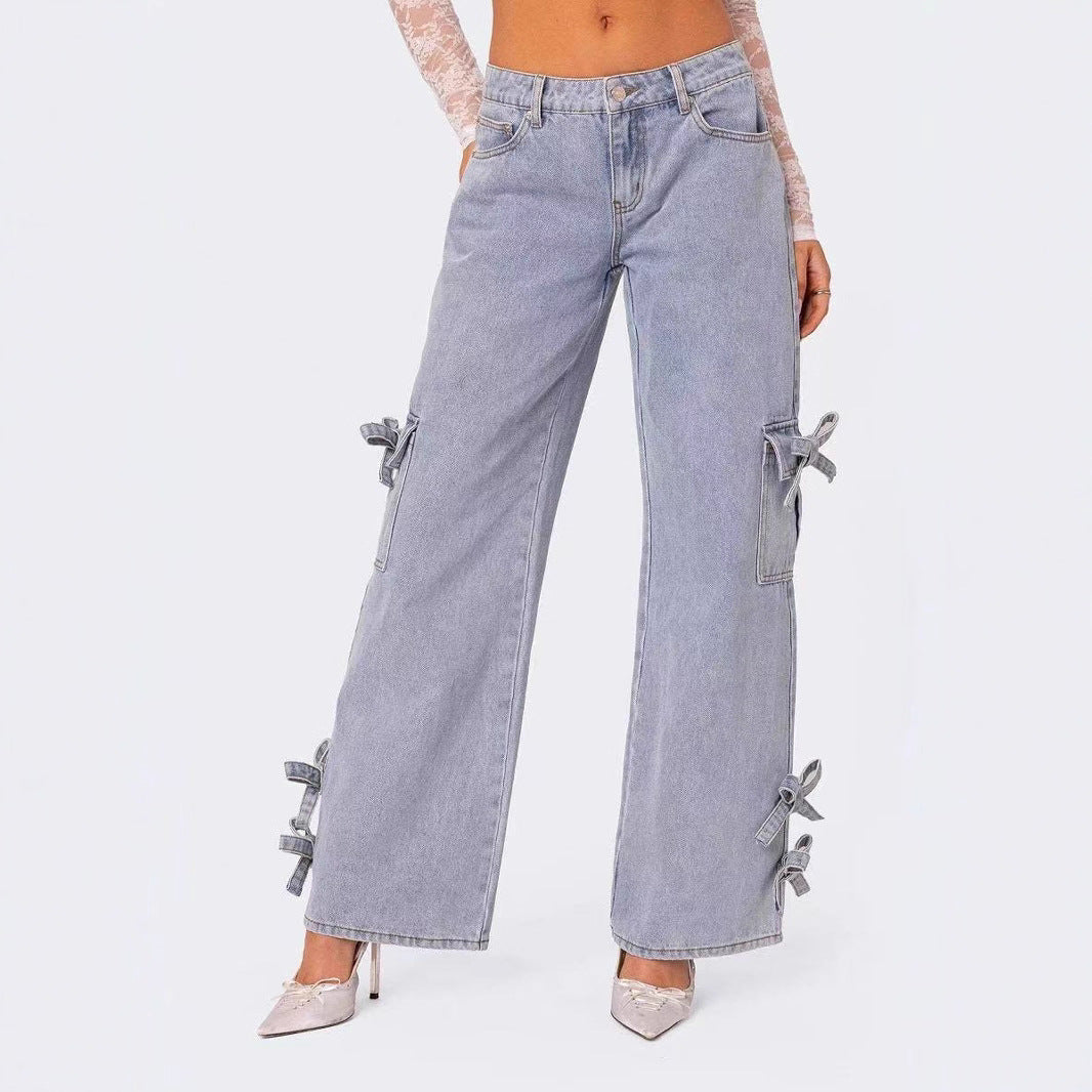 Damen lässige Cargo-Jeans mit stylischem Schleifen-Detail R&B