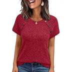 Damen lässiges Rippenstrick-T-Shirt mit Knöpfen R&B