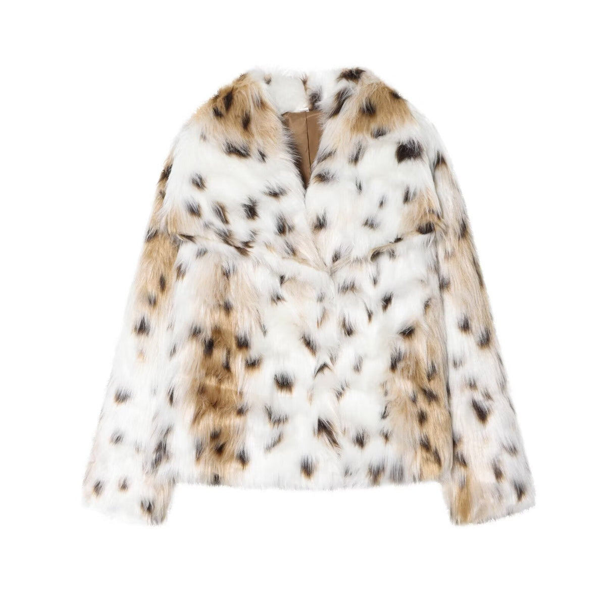 Damen nan kurze Kunstfelljacke mit Wildmuster, V-Ausschnitt und taillierter Silhouette R&B