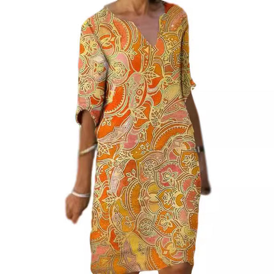 Damen Freizeitleichtkleid mit elegantem V-Ausschnitt und buntem Muster R&B