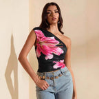 Damen Crop-Top mit asymmetrischem Ausschnitt und floralen Akzenten R&B
