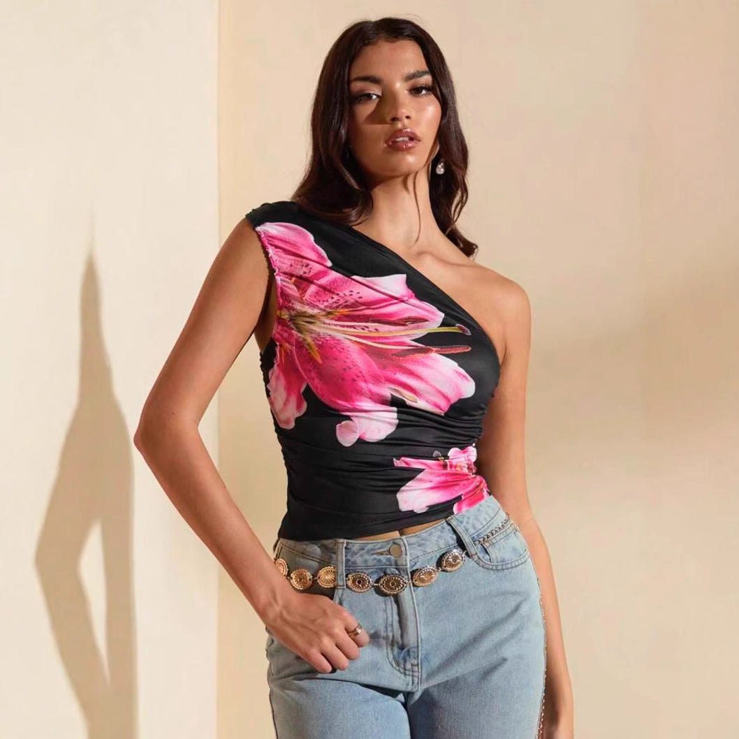 Damen Crop-Top mit asymmetrischem Ausschnitt und floralen Akzenten R&B