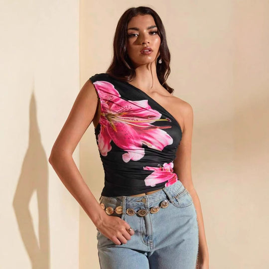 Damen Crop-Top mit asymmetrischem Ausschnitt und floralen Akzenten R&B