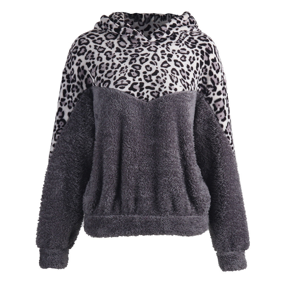 Damen Gemütlicher Teddy-Pullover mit Kapuze und Leopardenmuster R&B