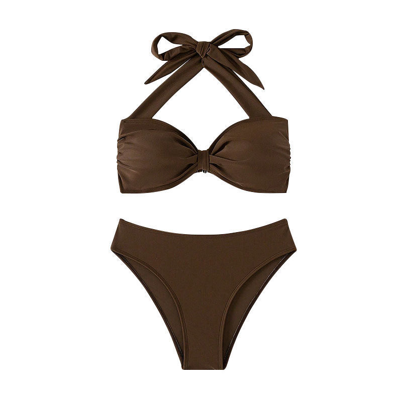 Damen Bandeau-Bikini mit dekorativem Knoten und hoher Taille R&B