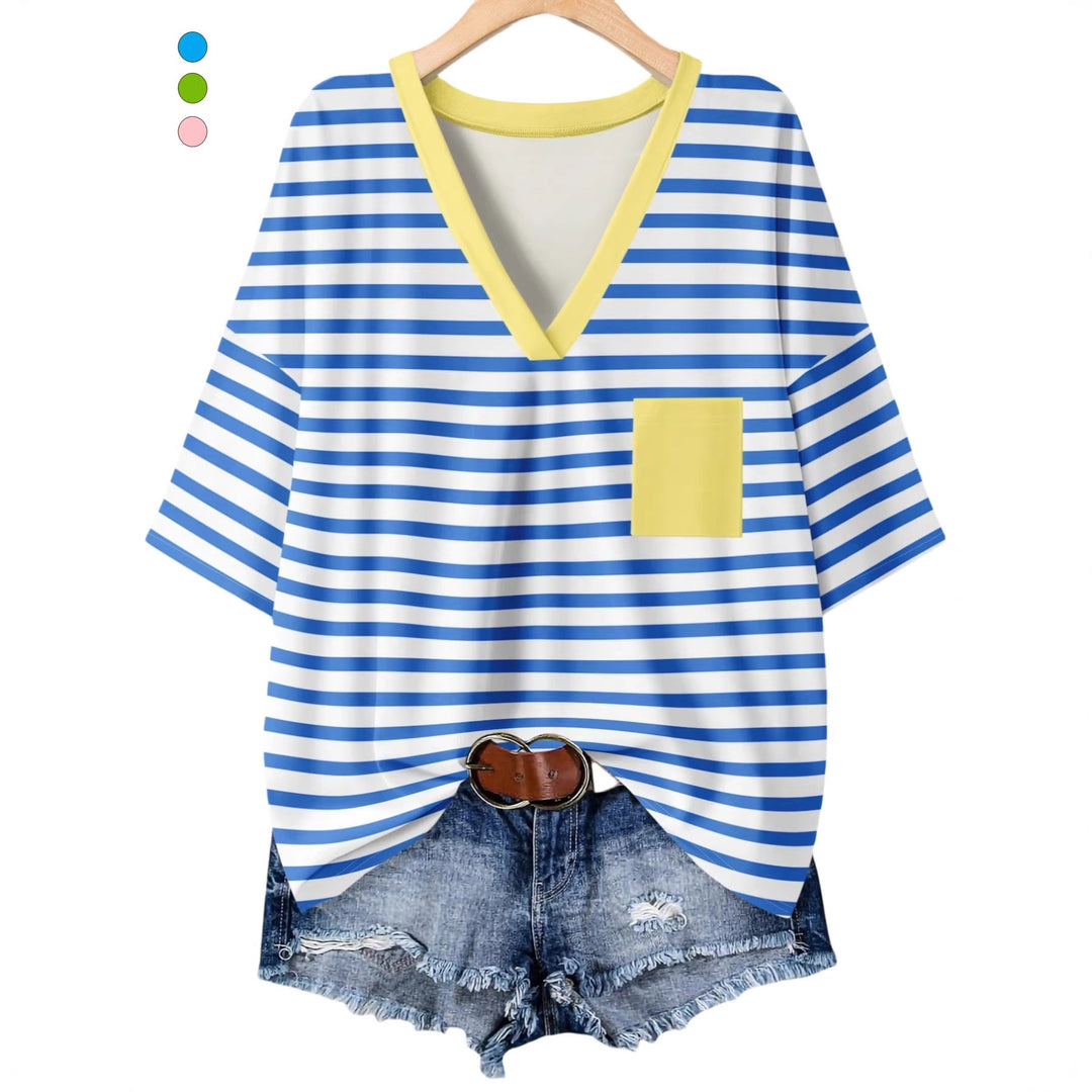 Damen lässiges V-Neck T-Shirt mit Streifen-Design R&B
