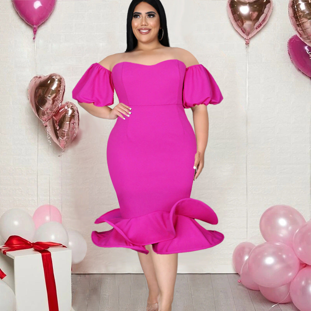 Damen Figurbetontes Kleid mit schulterfreien Puffärmeln und voluminösem Saum R&B