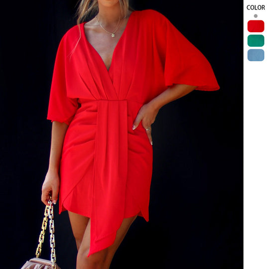 Damen Wickelkleid mit V-Ausschnitt und voluminösen Ärmeln R&B