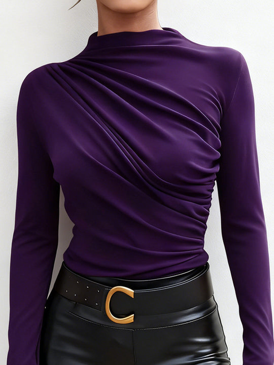 Damen elegantes Langarmshirt mit luxuriösem Drapierungsdesign und schickem Stehkragen R&B